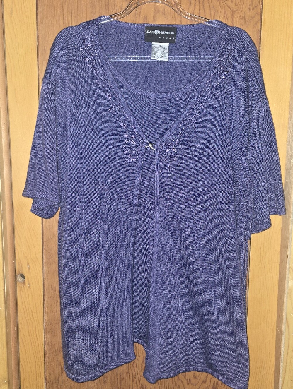 Sage Harbor 1X rayon blend purple open front layered embroidered blouse